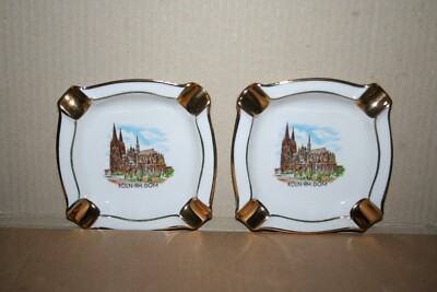 2 Gerold Porzellan Art Pottery Ashtray Koln RH DOM Cathedral Gold Accent Germany
