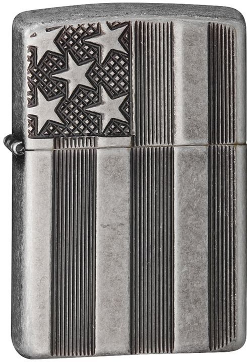Zippo Armor Windproof Antique SIlver Plate Deep Cut Flag, 28974