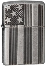 Zippo Armor Windproof Antique SIlver Plate Deep Cut Flag, 28974, New In Box