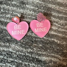 Heart Dangle Earrings 2 Tier Pink Valentine's Shiny Sparkle Be Mine Cute New