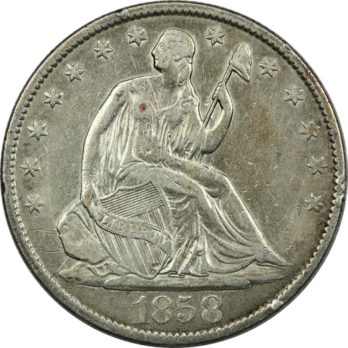 1858-O Seated Liberty Half Dollar 50C, Very Fine VF, Cleaned