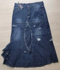 NEW Chartou Women's 34 Maxi Denim Jean Skirt Ruffle Distressed Repurposed 