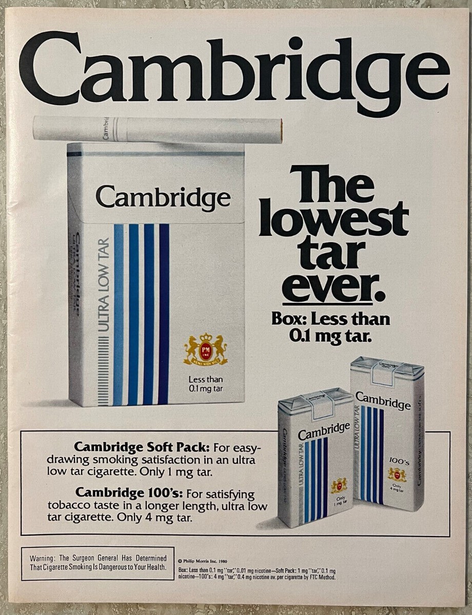 1980 Cambridge Ultra Low Tar Cigarette Soft Pack 100's Tabacco Vtg Print Ad