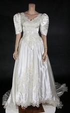 Unbranded Vintage 80s White Satin Beaded Wedding Dress with Train sz 6