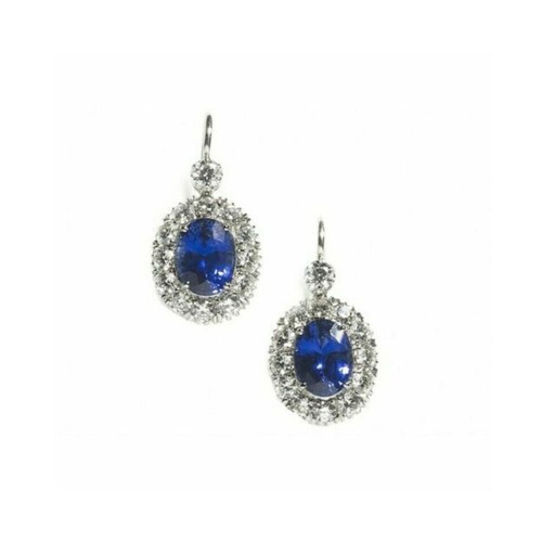 3.50Ct Oval Cut Blue Sapphire Diamond Drop/Dangle Earrings 14K White Gold Finish - Picture 2 of 4