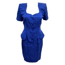 VTG 80s CH by Carolina Herrera Electric Blue Silk Skirt Suit With Bustle Size 6