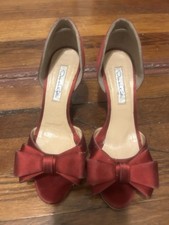Oscar de la Renta Red Bow D'Orsay Stiletto Peep Toe Satin Heels, Leather Sole