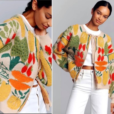 NWT Maeve Anthropologie Knit Veggie Cardigan Sweater Cream O/S 3D