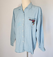 Vintage'90s Gap Floral Embroidered Light Blue Denim Button-Down Shirt Women's L