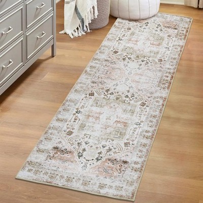 GlowSol Runner Rug 2x6 Washable Boho Vintage Grey Floral Print Foldable Retro...