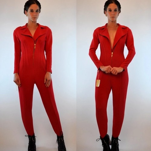 1980s 80s Spandex Red Zip Front Disco Bodysuit Jumpsuit w Plunging V Neck XS/S - Picture 3 of 9