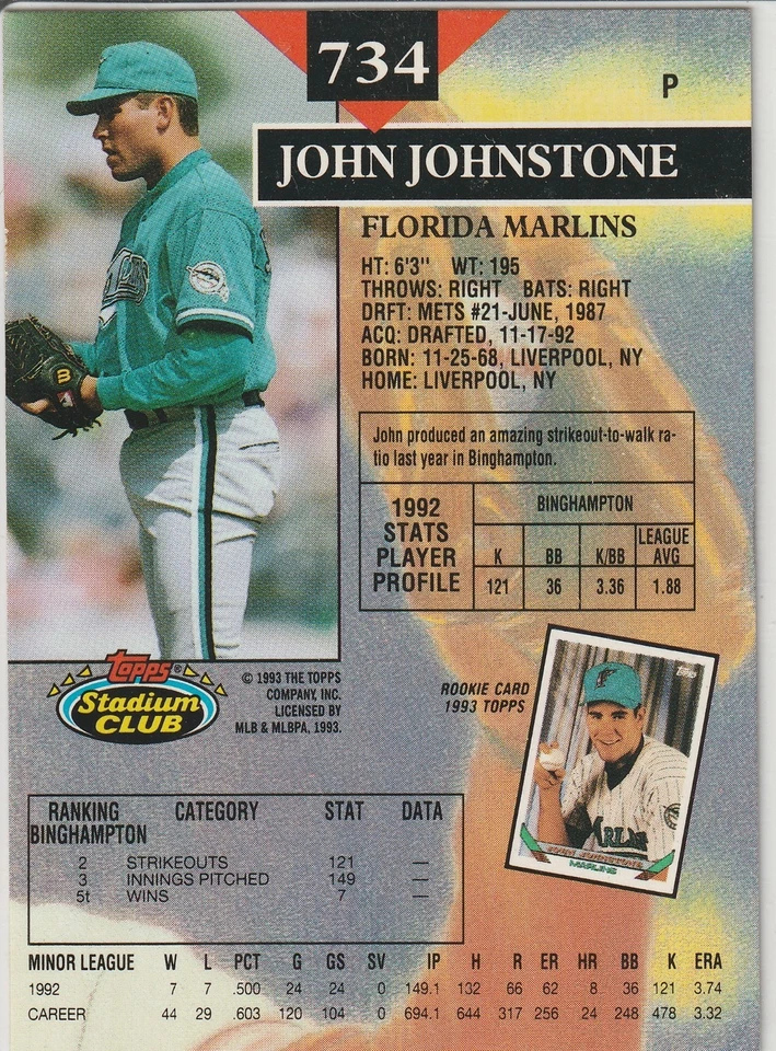 1993 Topps Stadium Club - John Johnstone #734 (RC) Marlins - Image 2 of 2
