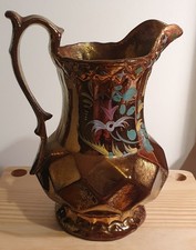 Antique Gold Lustre Staffordshire Jug With Hand Painted Floral Decoration. B8