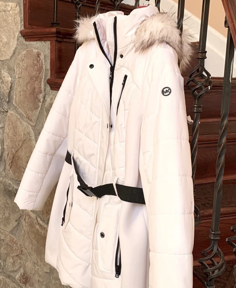 Michael Kors 女式腰带人造毛皮修剪连帽松饼外套(零售价 300 美元)XL — 第 2/4 张图片