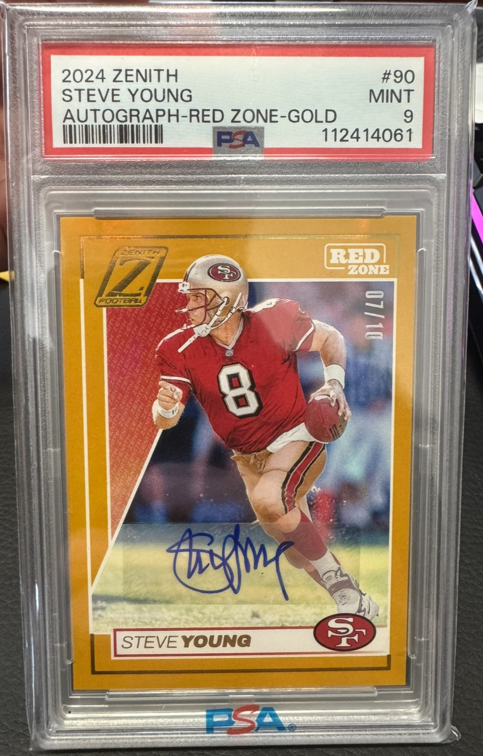 2024 Panini Zenith #90 Steve Young Gold Red Zone Autograph /10 PSA 9 49ers HOF view 1
