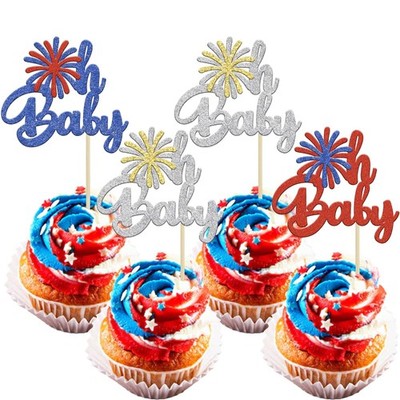24Pcs Independence Day Oh Baby Cupcake Toppers Firework Babyshower 4th of Jul...