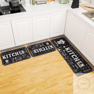 3 Pcs Kitchen Rug Set Non Skid Thick Black Kitchen Rugs and Mats Stain Resistant