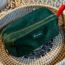 Fenwick London Red Lined, Green Velvet W/ Metal Zipper, Christmas Makeup Bag 9”