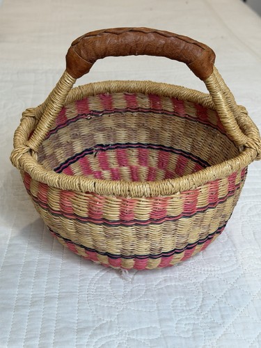 Olga Basket International Handwoven Leather Wrapped Handle Basket Natural Small