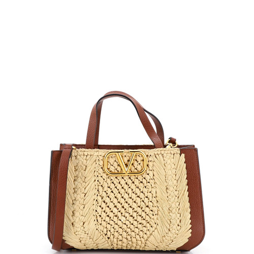 Valentino Garavani VLogo Shopper Tote Woven Raffia and Leather Small