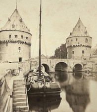 Belgium Courtrai Tours And Bridge Photo Q. V. C1870 Stereo Vintage Albumen