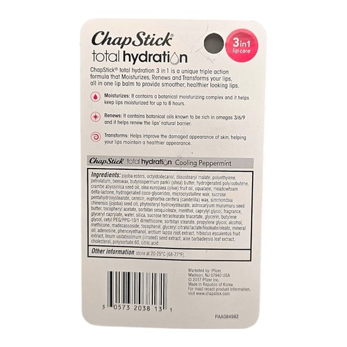 ChapStick TOTAL HYDRATION Cooling Peppermint Non Tinted 3in1 Lip Care Omega 369 - Picture 2 of 5