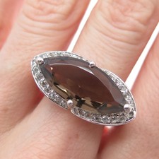 925 Sterling Silver 2-Tone Real Smoky Quartz  White Topaz Ring Size 9.25