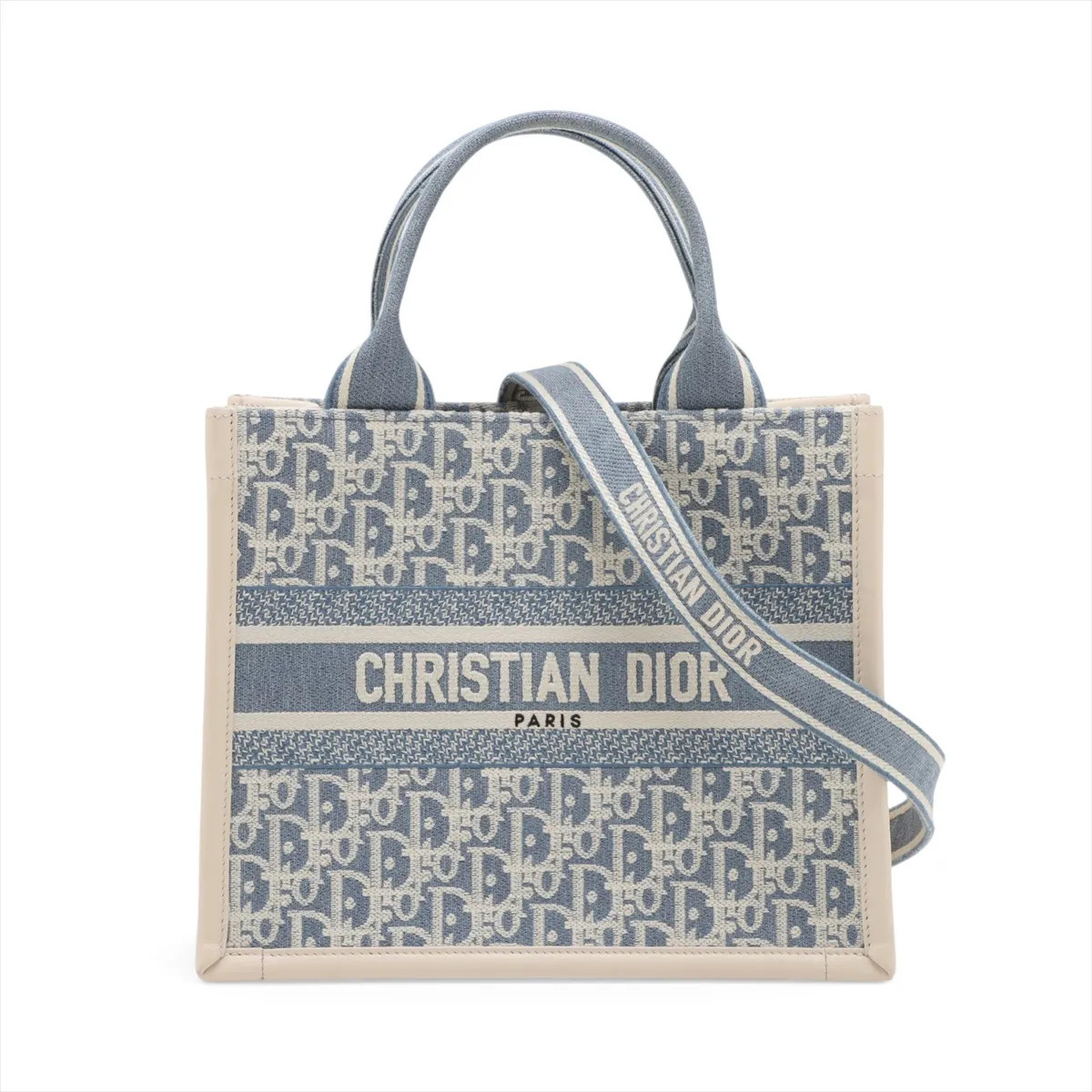 Christian Dior Oblique Book Tote Small Denim & leather 2 Way Handbag Blue x beig