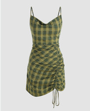 Cider Green Plaid Cown Neck Ruched Mini Dress Size Large NWT
