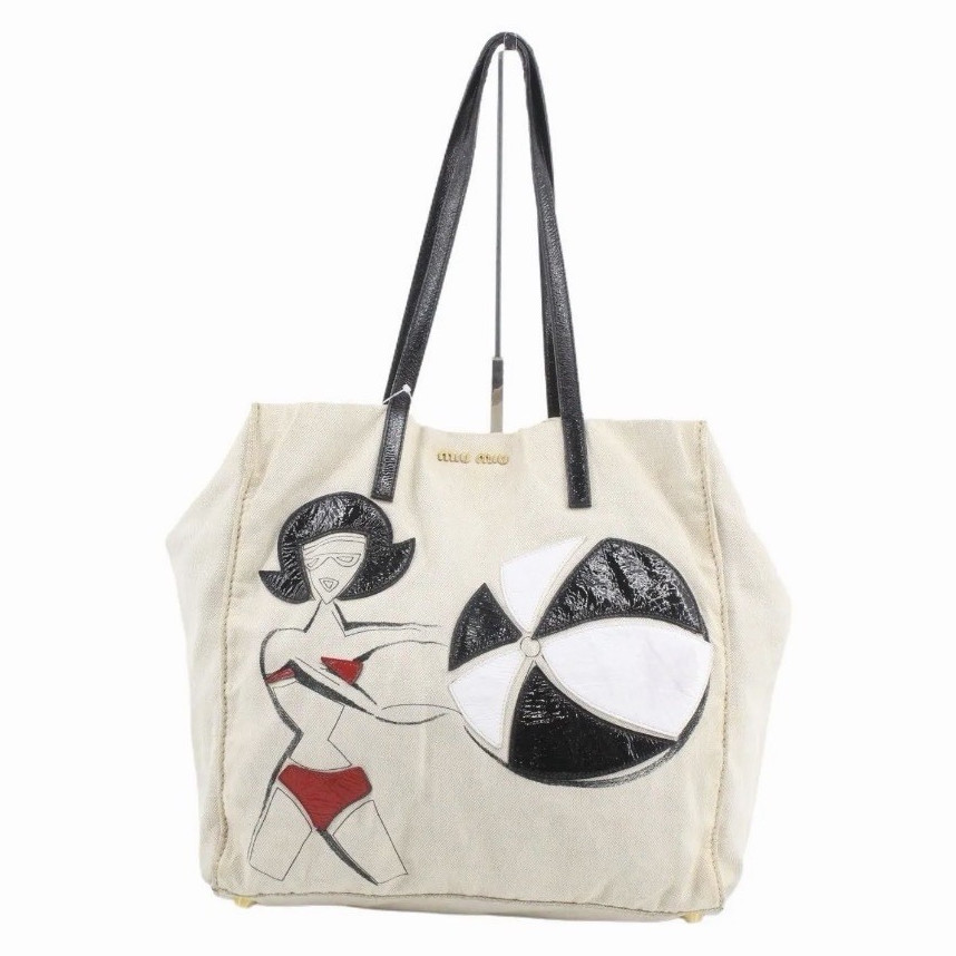 Authentic Vintage Miu Miu Beige Canvas Shoulder Bag Applique Accents