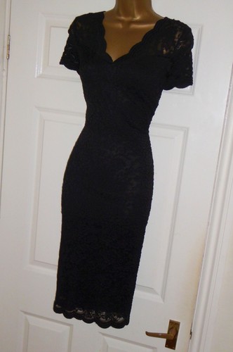 Stretchiges Schwarz Vintage Spitze 40er 50er Pencil Wiggle Abend Cocktail Kleid 18