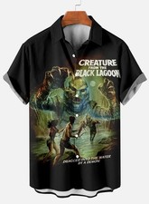 Retro Horror Movie Creature The Black Lagoon Hawaiian Button Up Lapel Shirt Tops