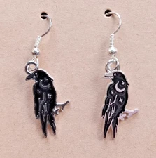 Gothic Crow Raven Moon, Black Enamel Drop Dangle Pierced Earrings Silver Plated