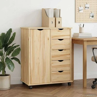 Cabinet roulant avec roue Bois de Pin Massif Armoire rangement Bureau vidaXL vid - Photo 1/4