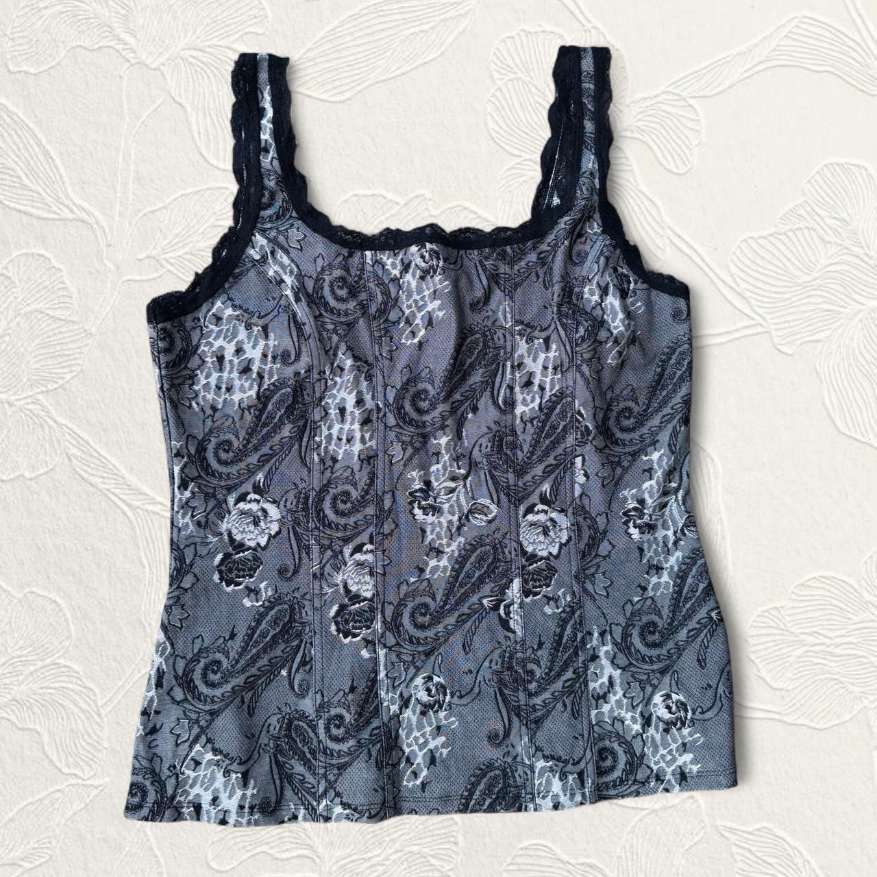 White House Black Market paisley Black and Gray Lace trim Camisole size L