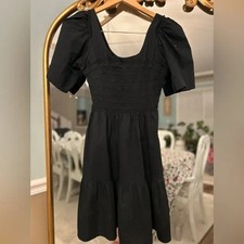 Gap Women's Puff Sleeve Smocked Mini Dress Scoop Neck Tiered In Black NWT
