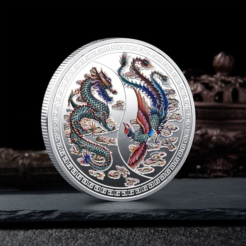 Moneda Conmemorativa Tradicional Dragón de la Prosperidad y el Fénix Oro Plata 1 pieza Foto 4 de 4