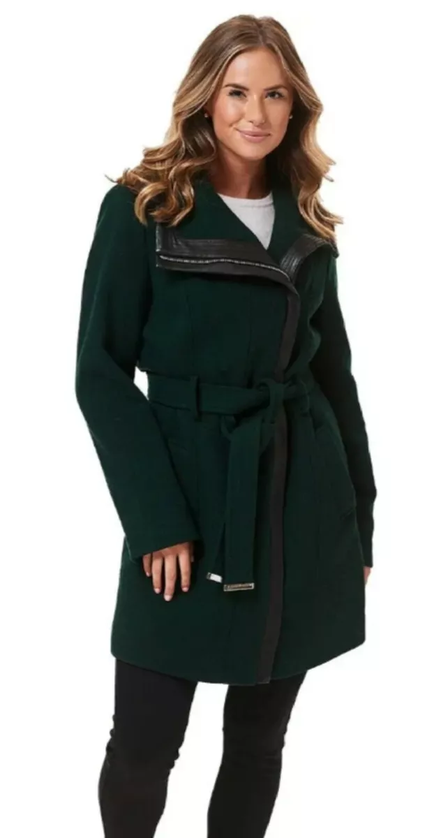 NWD Womens Calvin Klein Belted Wool Trench Coat Faux Leather Trim Jade Green 10