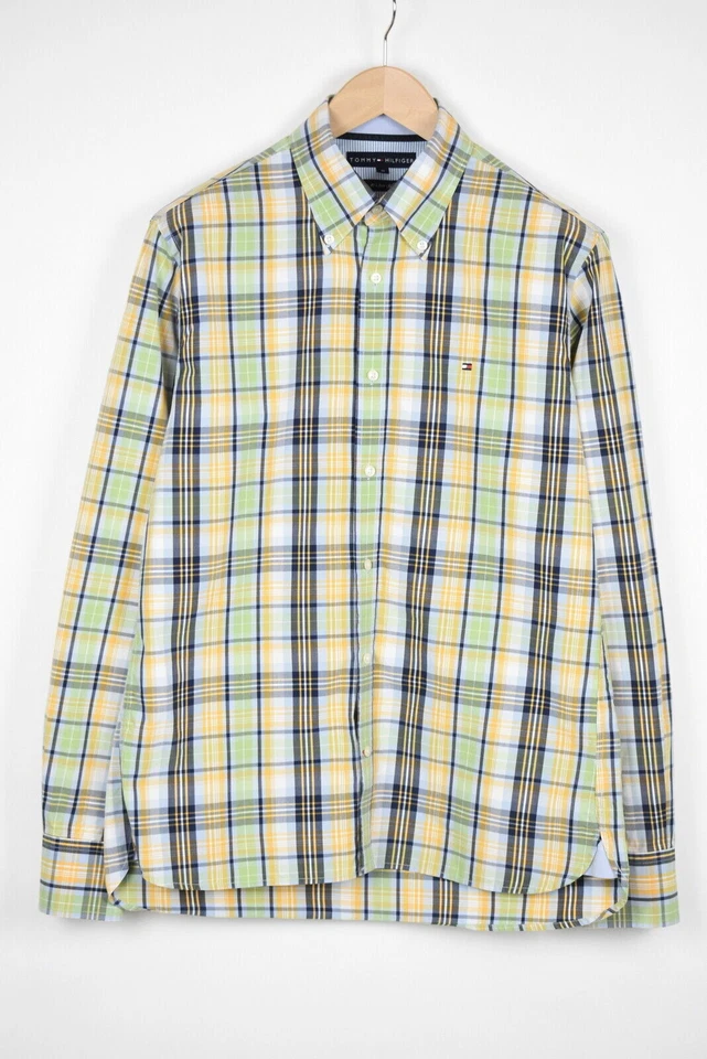 TOMMY HILFIGER Mens Yellow Green Blue Casual Plaid Western Check Shirt | Medium Foto 2 de 4