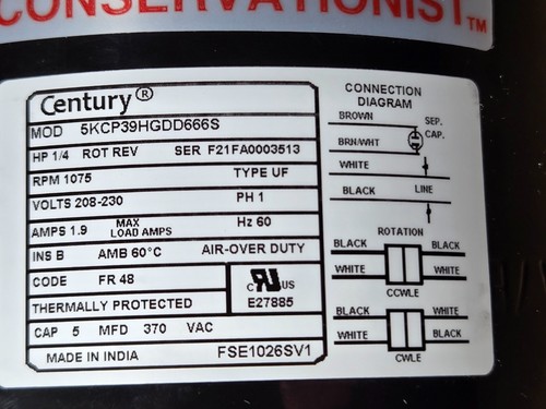 OEM CENTURY 4MB23 (FSE1026SV1) Condenser Fan Motor, 1/4 HP, 208-230V, 1075 RPM - Picture 12 of 14