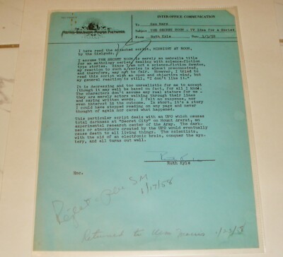 1958  signed MGM Studious document  THE SECRET ROOM     Ruth Kyle    San Marx