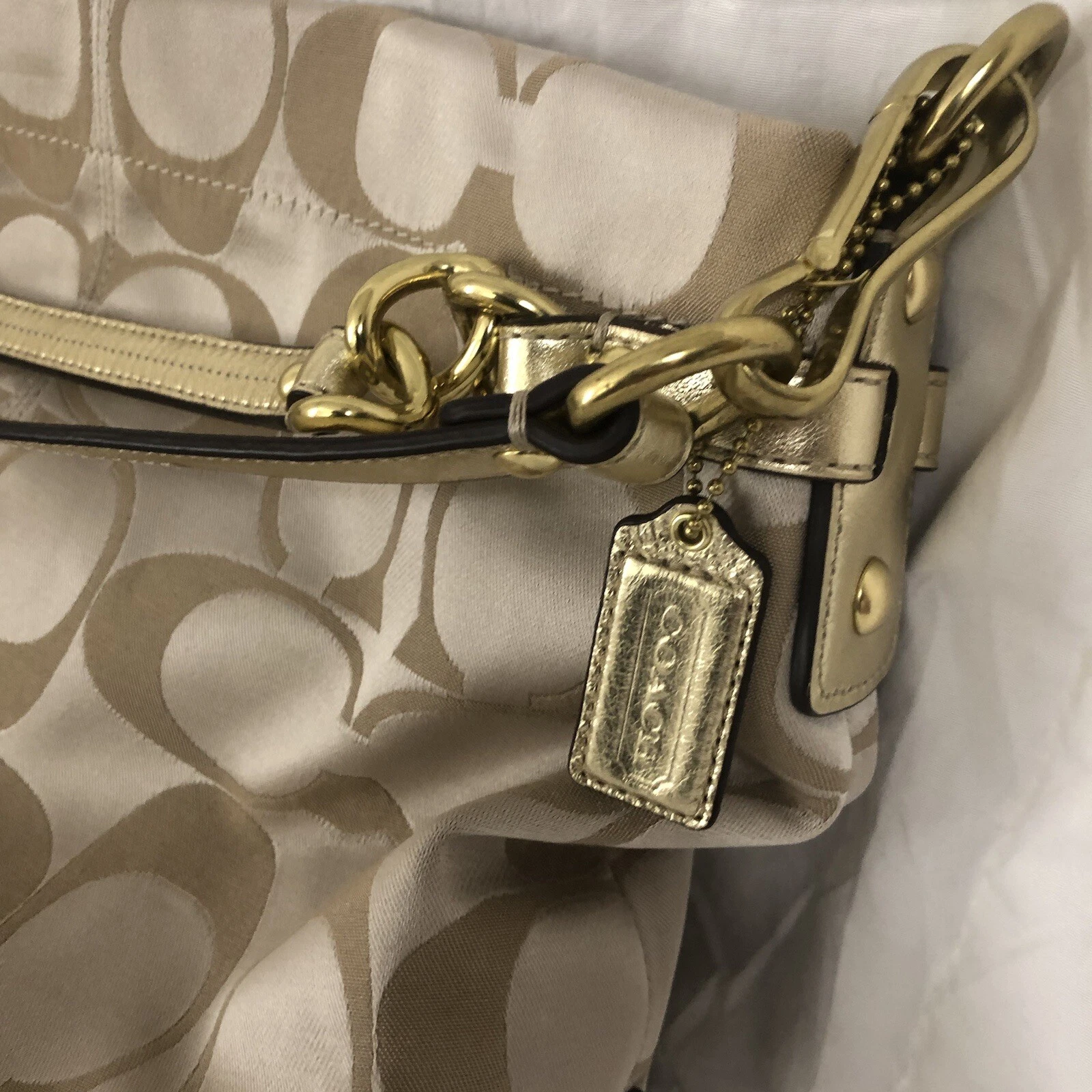 Borsa a tracolla Coach Signature Brooke Jacquard Carly beige marrone oro nuova