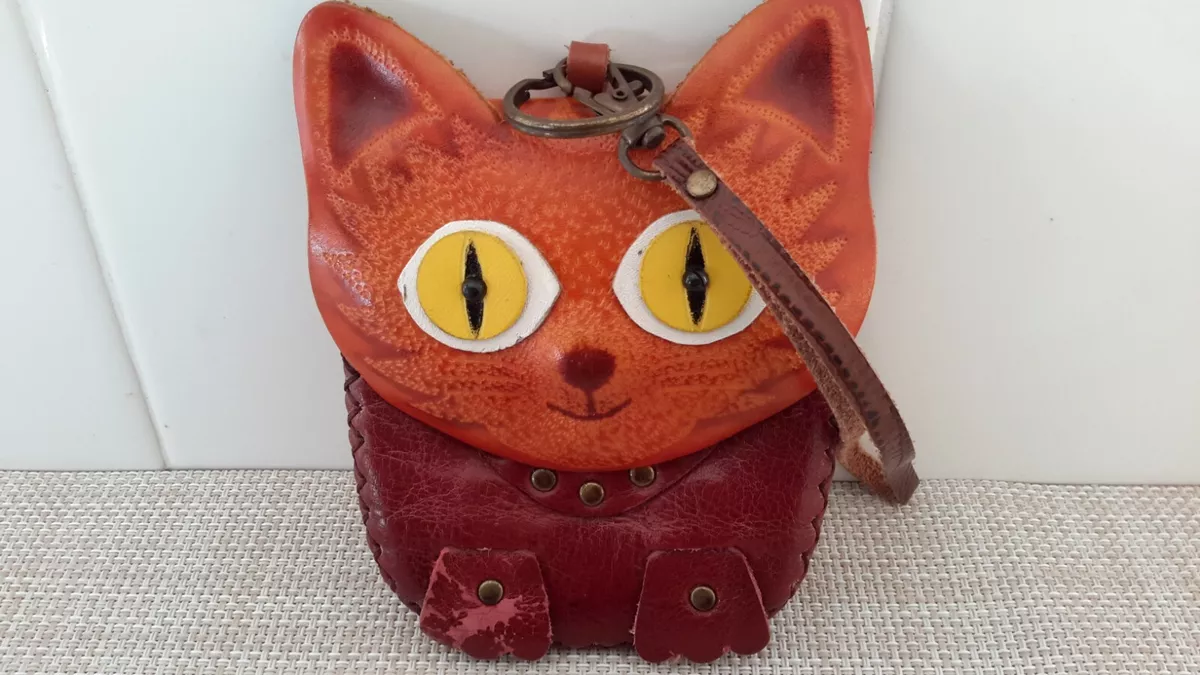 Cat Big Eyes Handmade Leather Small Wallet Keychain Coin Purse Wallet  Pre-owned | eBay