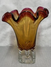 Vintage Large Chribska Ruby Amber and Clear Sommerso Bohemian Art Glass Vase 11”