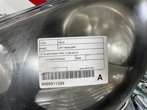 VOLKSWAGEN POLO LEFT HEADLAMP 9N, BLACK MASK TYPE, 11/05-04/10 05 06 07 08 09 10 - Picture 2 of 3