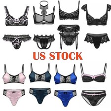 Men Lace Satin Underwear Sissy Nightwear Crossdress Lingerie Set Bra Panties
