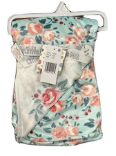 New Little Me Baby Blanket Reversible Green Pink Floral Embroidered Rose Minky