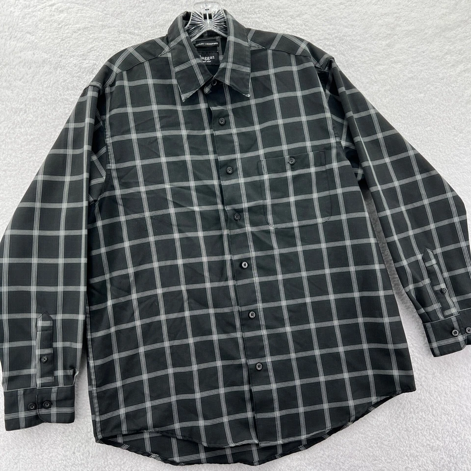 Camisa de vestir Haggar para hombre mediana 15,5 negra abotonada a cuadros recortada microfibra Foto 2 de 4