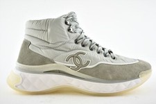 Chanel 19B Grey White Quilted Platform CC Logo Lace High Top Trainer Sneaker 41