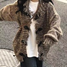 Lady Retro Horn Button Knitted Cardigan Sweater Warm Coat Tassels Loose Winter